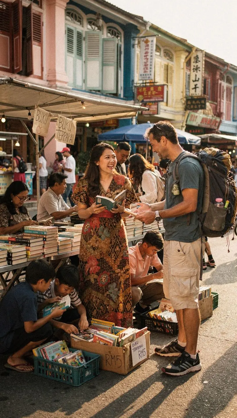 A diverse group of readers happily exchanging books at a community book fair.