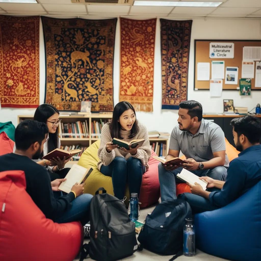 A cheerful person browsing through a shelf filled with second-hand books in a cozy bookstore.