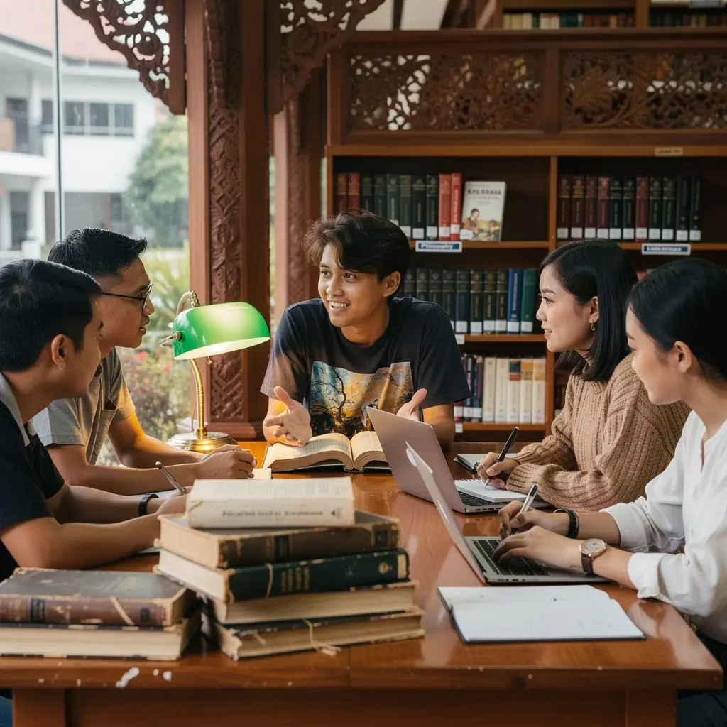 A cheerful group of friends discussing their favorite stories while surrounded by an assortment of used books.