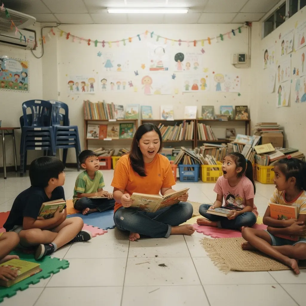 A close-up of a stack of colorful used books on a wooden table.