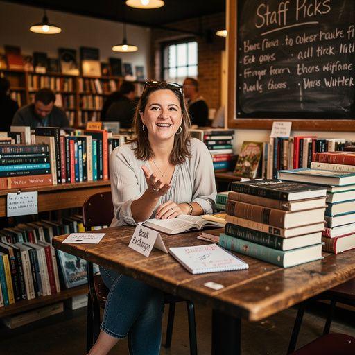 A person holding a reusable tote bag filled with second-hand books outside a bookstore.
